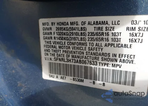 2010 Honda Odyssey Ex-L from USA, damaged, VIN 5FNRL3H73AB067633